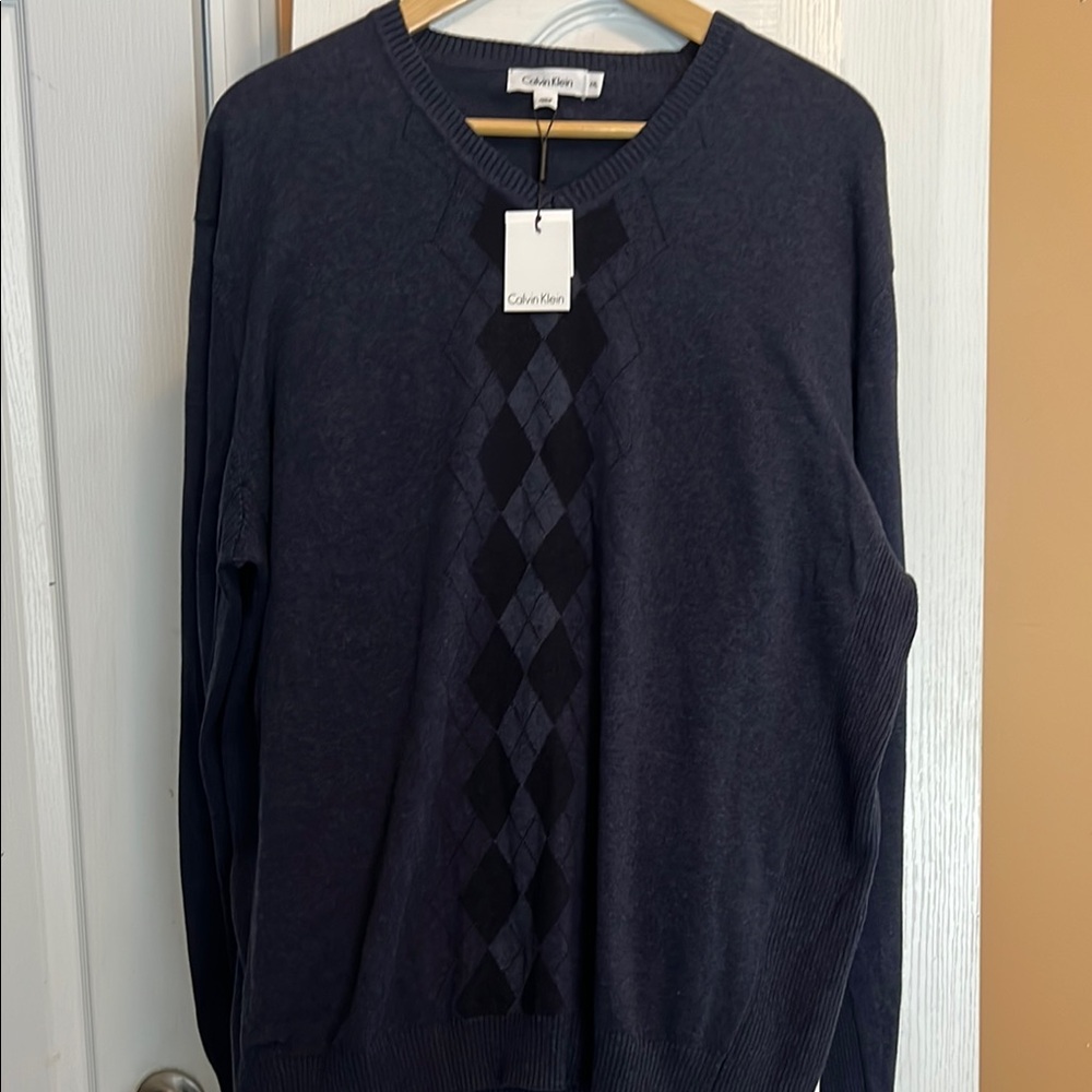 Calvin Klein Blue Crewneck Sweater with Argyle Pattern